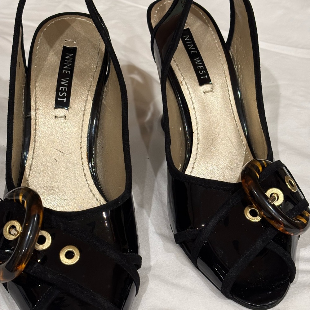 Nine West Black Patent Heels with Buckle Detail